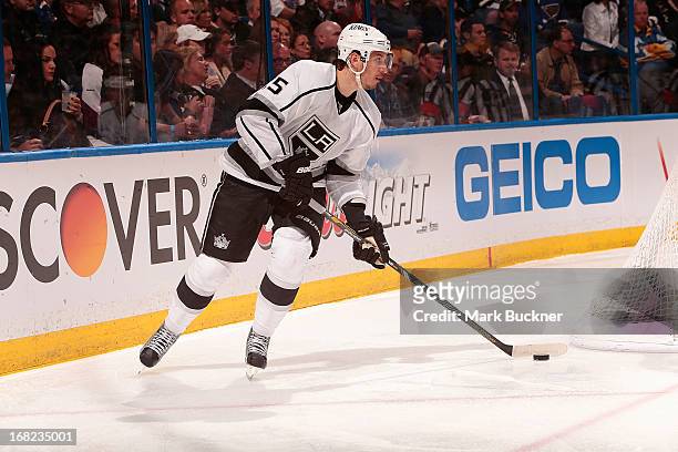 Keaton Ellerby of the Los Angeles Kings handles the puck against the St. Louis Blues in Game Two of the Western Conference Quarterfinals during the...