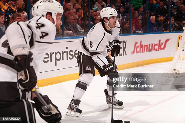 Drew Doughty of the Los Angeles Kings handles the puck against the St. Louis Blues in Game Two of the Western Conference Quarterfinals during the...