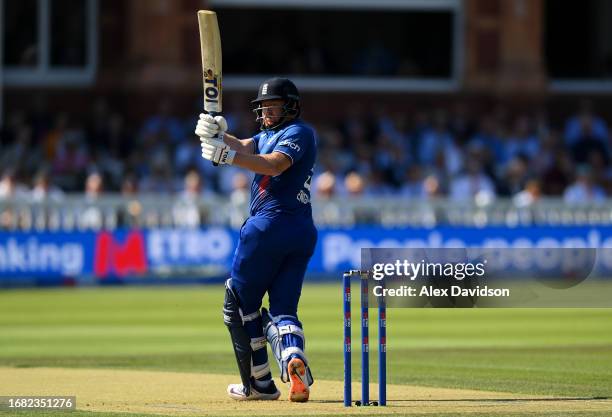 Jonny Bairstow of England bats during the 4th Metro Bank ODI between England and New Zealand at Lord's Cricket Ground on September 15, 2023 in...