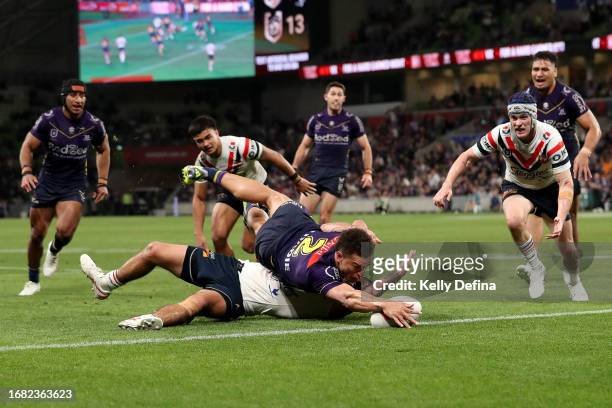 Will Warbrick of the Storm scores a try during the NRL Semi Final match between Melbourne Storm and the Sydney Roosters at AAMI Park on September 15,...