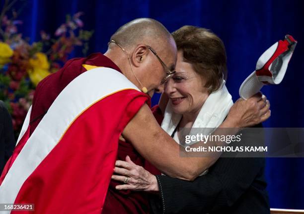 Tibetan spiritual leader the Dalai Lama greets Jihan Sadat, widow of slain Egyptian president Anwar Sadat, after delivering the Sadat Lecture for...