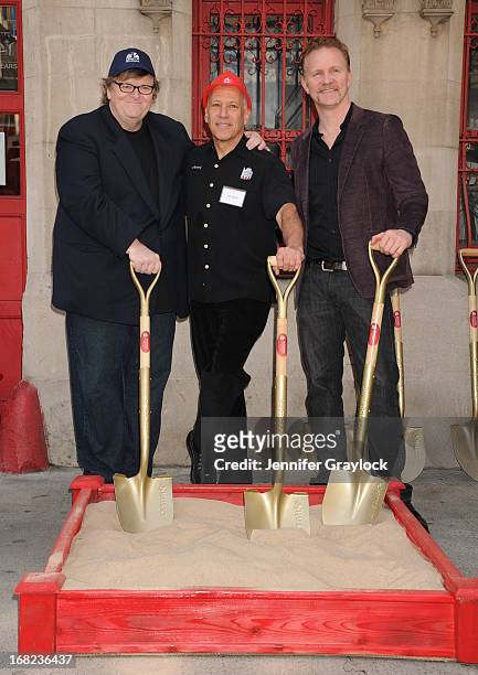 Documentary filmmakers Michael Moore, Jon Alpert and Morgan Spurlock attend The DCTV Cinema Groundbreaking Ceremony at DCTV on May 7, 2013 in New...
