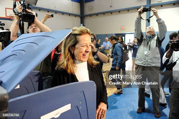 Elizabeth Colbert Busch smiles after casting her vote in a special election runoff with former South Carolina Gov. Mark Sanford for a seat in the 1st...