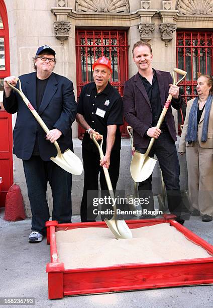 Michael Moore, Jon Alpert, Morgan Spurlock attend the DCTV Cinema Groundbreaking Ceremony at DCTV on May 7, 2013 in New York City.