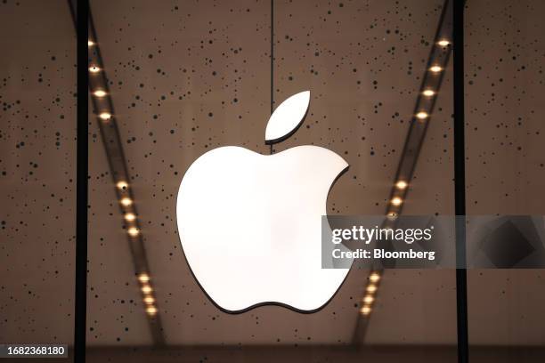 The Apple Inc. Logo at the Apple Rosenthaler Strasse store in Berlin, Germany, on Friday, Sept. 22, 2023. Apple's latest iPhones and watches went on...