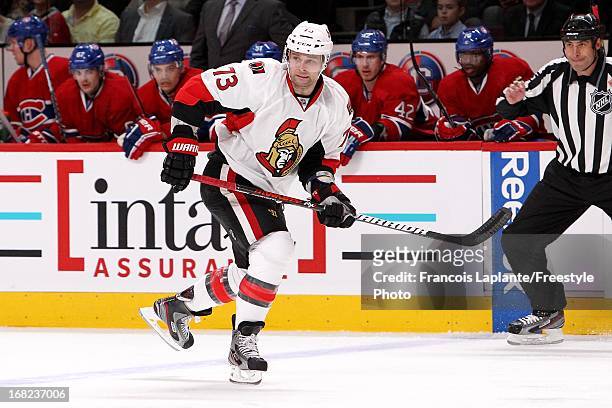 Guillaume Latendresse of the Ottawa Senators skates against the Montreal Canadiens during Game One of the Eastern Conference Quarterfinal during the...