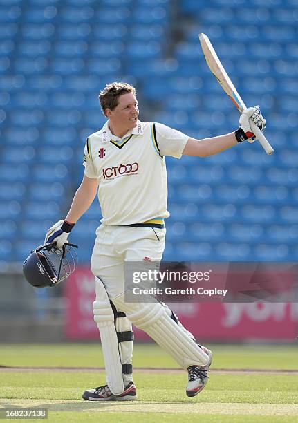 Gary Ballance of Yorkshire celebrates reaching his century during day one of the LV County Championship Division One match between Yorkshire and...