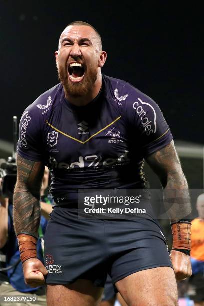 Nelson Asofa-Solomona of the Storm celebrates the try of Will Warbrick of the Storm during the NRL Semi Final match between Melbourne Storm and the...
