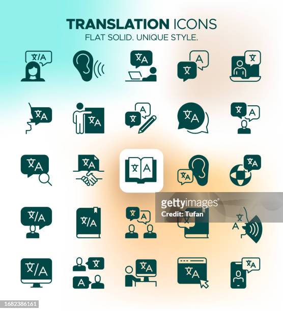 übersetzung icon set - sprache, linguistik, mehrsprachig, übersetzen, lokalisierung, dolmetschen, zweisprachig, kommunikation - localization stock-grafiken, -clipart, -cartoons und -symbole