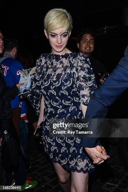 Actress Anne Hathaway leaves the "PUNK: Chaos To Couture" Costume Institute Gala after party at the Standard Hotel on May 6, 2013 in New York City.