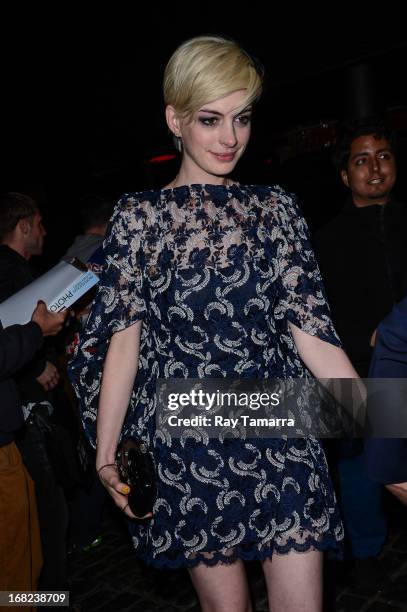 Actress Anne Hathaway leaves the "PUNK: Chaos To Couture" Costume Institute Gala after party at the Standard Hotel on May 6, 2013 in New York City.