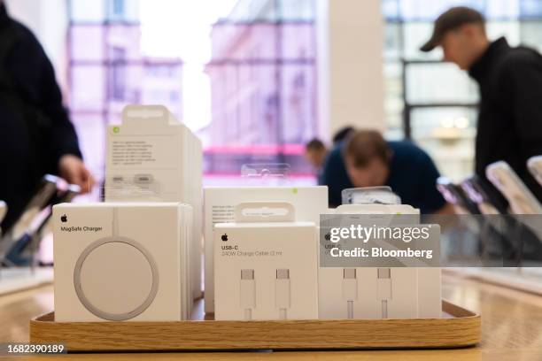 Boxes of of USB-C charge cables at the Apple Inc. Store on Regent Street in London, UK, on Friday, Sept. 22, 2023. Apple's latest iPhones and watches...