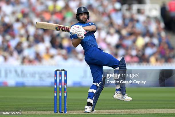 Dawid Malan of England hits a boundary during the 4th Metro Bank One Day International between England and New Zealand at Lord's Cricket Ground on...