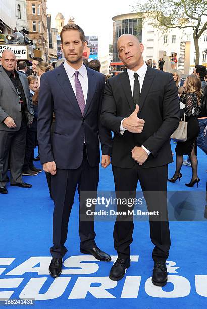 Paul Walker and Vin Diesel attend the World Premiere of 'Fast & Furious 6' at Empire Leicester Square on May 7, 2013 in London, England.