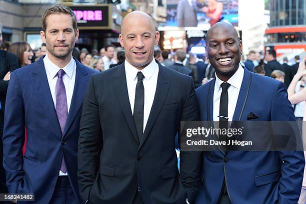 Paul Walker, Vin Diesel and Tyrese Gibson attend the world premiere of 'Fast And Furious 6' at The Empire Leicester Square on May 7, 2013 in London,...