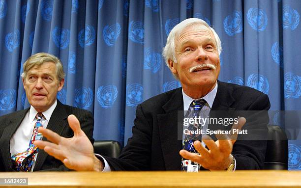 Ted Turner , philanthropist and Chairman of the Board of Directors of the United Nations Foundation, speaks at UN headquarters as Timothy Wirth,...