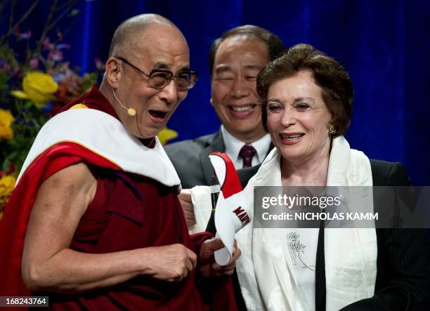 Tibetan spiritual leader the Dalai Lama greets Jihan Sadat, widow of slain Egyptian president Anwar Sadat, after delivering the Sadat Lecture for...