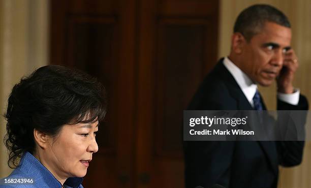 President Barack Obama and South Korea President Park Geun-hye hold a news conference in the East Room at the White House, May 7, 2013 in Washington,...