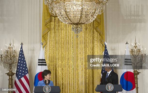 President Barack Obama and South Korean President Park Geun-hye hold a joint press conference in the East Room of the White House in Washington, DC,...