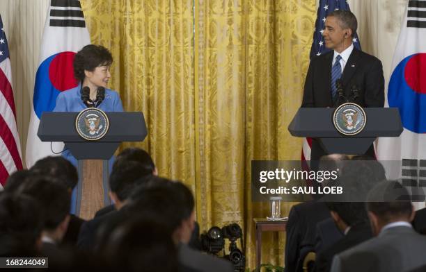 President Barack Obama and South Korean President Park Geun-hye hold a joint press conference in the East Room of the White House in Washington, DC,...