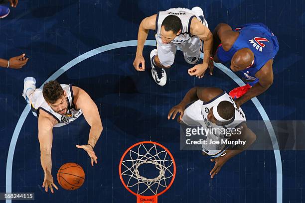 Marc Gasol of the Memphis Grizzlies grabs the rebound against the Los Angeles Clippers in Game Six of the Western Conference Quarterfinals during the...
