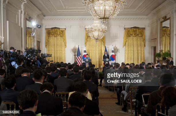 President Barack Obama and South Korean President Park Geun-hye hold a joint press conference in the East Room of the White House in Washington, DC,...
