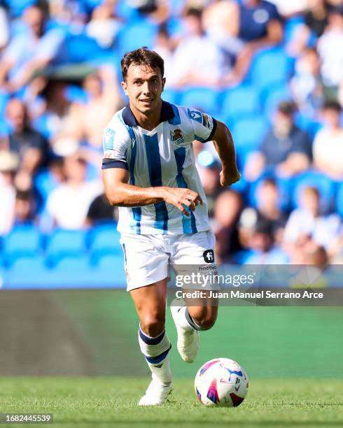 Martin Zubimendi of Real Sociedad in action during the LaLiga EA Sports match between Real Sociedad and Celta Vigo at Reale Arena on August 19, 2023...