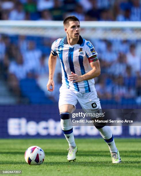 Igor Zubeldia of Real Sociedad in action during the LaLiga EA Sports match between Real Sociedad and Celta Vigo at Reale Arena on August 19, 2023 in...
