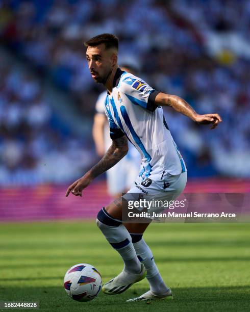 Brais Mendez of Real Sociedad in action during the LaLiga EA Sports match between Real Sociedad and Celta Vigo at Reale Arena on August 19, 2023 in...