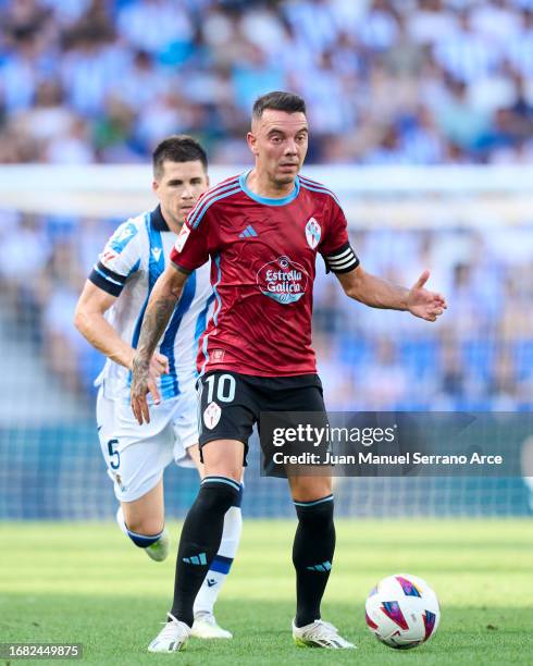 Iago Aspas of RC Celta in action during the LaLiga EA Sports match between Real Sociedad and Celta Vigo at Reale Arena on August 19, 2023 in San...