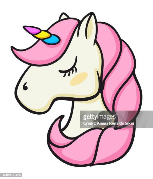 unicorn head with pink hair and colorful horn cartoon isolated on white - unicorn stock illustrations