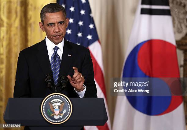President Barack Obama speaks during a news conference with South Korean President Park Geun-hye at the East Room of the White House May 7, 2013 in...