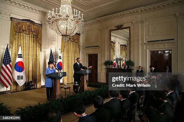 President Barack Obama and South Korea President Park Geun-hye hold a news conference in the East Room at the White House, May 7, 2013 in Washington,...