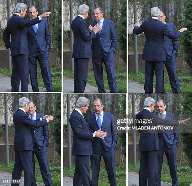 Combo image shows US Secretary of State John Kerry and his Russian counterpart Sergey Lavrov discuss while taking a walk in the garden of the Foreign...