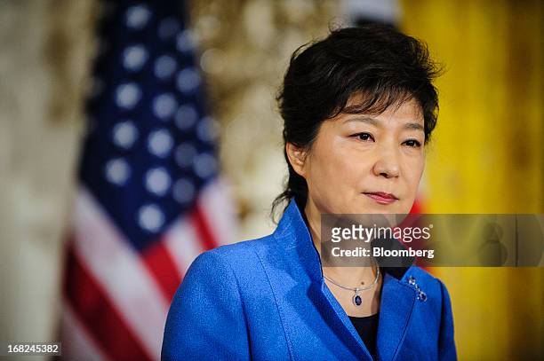 Park Geun Hye, president of South Korea, speaks during a press conference with U.S. President Barack Obama, unseen, in the East Room of the White...