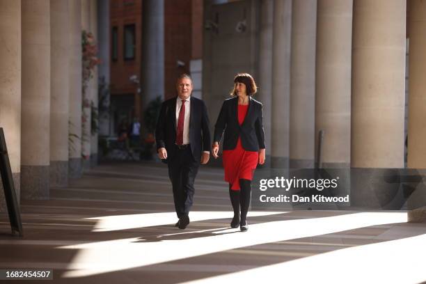 Labour leader Keir Starmer and Shadow Chancellor Rachel Reeves arrive for a visit to the London Stock Exchange on September 22, 2023 in London,...