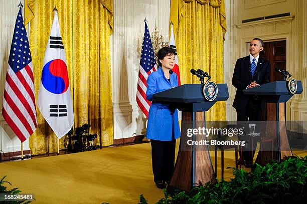 President Barack Obama, right, listens as Park Geun Hye, president of South Korea, speaks during a press conference in the East Room of the White...