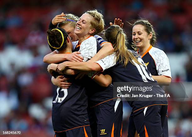 Natasha Dowie of Liverpool Ladies celebrates her goal with team mates during the FA WSL Continental Cup match between Arsenal Ladies FC and Liverpool...