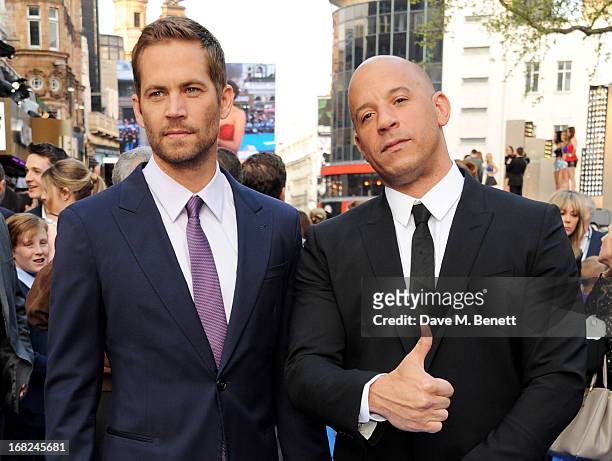 Paul Walker and Vin Diesel attend the World Premiere of 'Fast & Furious 6' at Empire Leicester Square on May 7, 2013 in London, England.