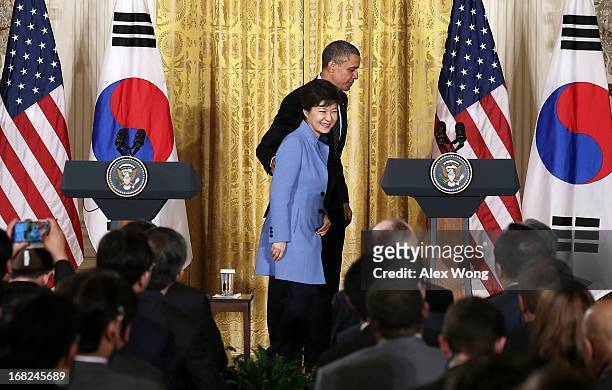 President Barack Obama escorts South Korean President Park Geun-hye after a news conference at the East Room of the White House May 7, 2013 in...