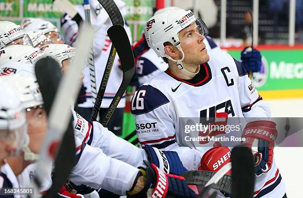 Paul Stastny of USA recats during the IIHF World Championship group H match between Russia and USA at Hartwall Areena on May 7, 2013 in Helsinki,...