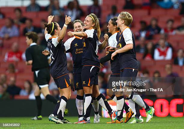 Louise Fors of Liverpool Ladies celebrates her goal with team mates during the FA WSL Continental Cup match between Arsenal Ladies FC and Liverpool...