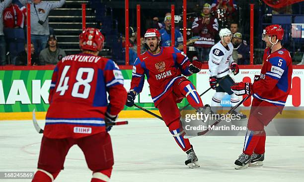 Alexander Radulov of Russia celebrates after he scores his team 4th goal during the IIHF World Championship group H match between Russia and USA at...