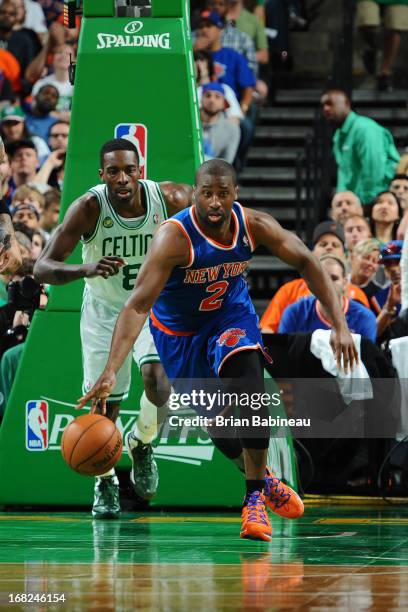 Raymond Felton of the New York Knicks handles the ball against the Boston Celtics during Game Four of the Eastern Conference Quarterfinals on April...