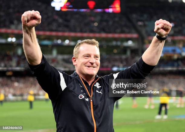 Blues coach Michael Voss celebrates after the Blues defeated the Demons during the AFL First Semi Final match between Melbourne Demons and Carlton...