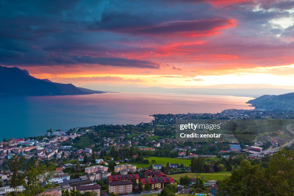 Sunrise over the cities of Montreux and Lausanne