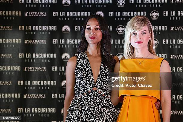 Actresses Zoe Saldana and Alice Eve attend a photocall to promote the new film "Star Trek Into Darkness" at Four Seasons Hotel on May 7, 2013 in...