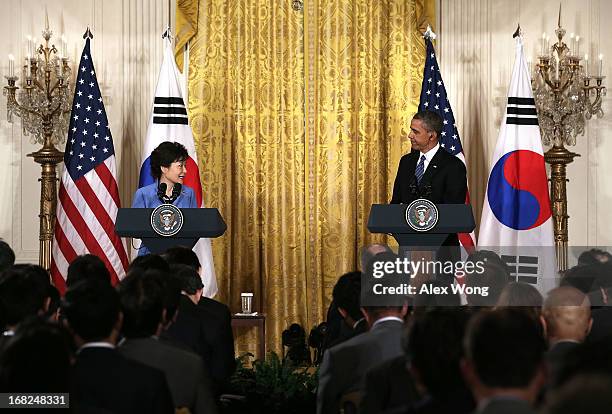 President Barack Obama and South Korean President Park Geun-hye participate in a news conference at the East Room of the White House May 7, 2013 in...