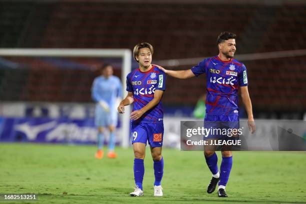 Jumma MIYAZAKI and CRISTIANO of Ventforet Kofu celebrates scoring his side's first goal at half time the J.LEAGUE Meiji Yasuda J2 35th Sec. Match...