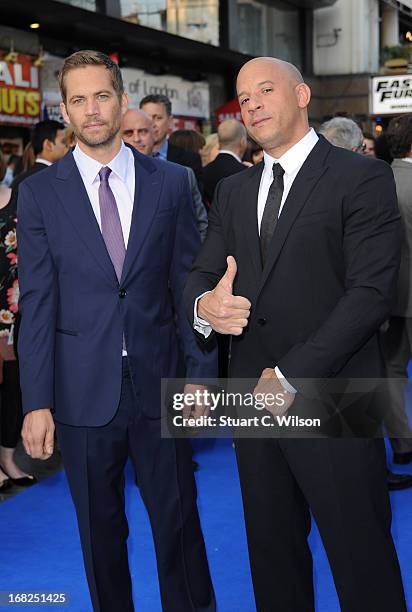 Actors Paul Walker and Vin Diesel attends the "Fast & Furious 6" World Premiere at The Empire, Leicester Square on May 7, 2013 in London, England.